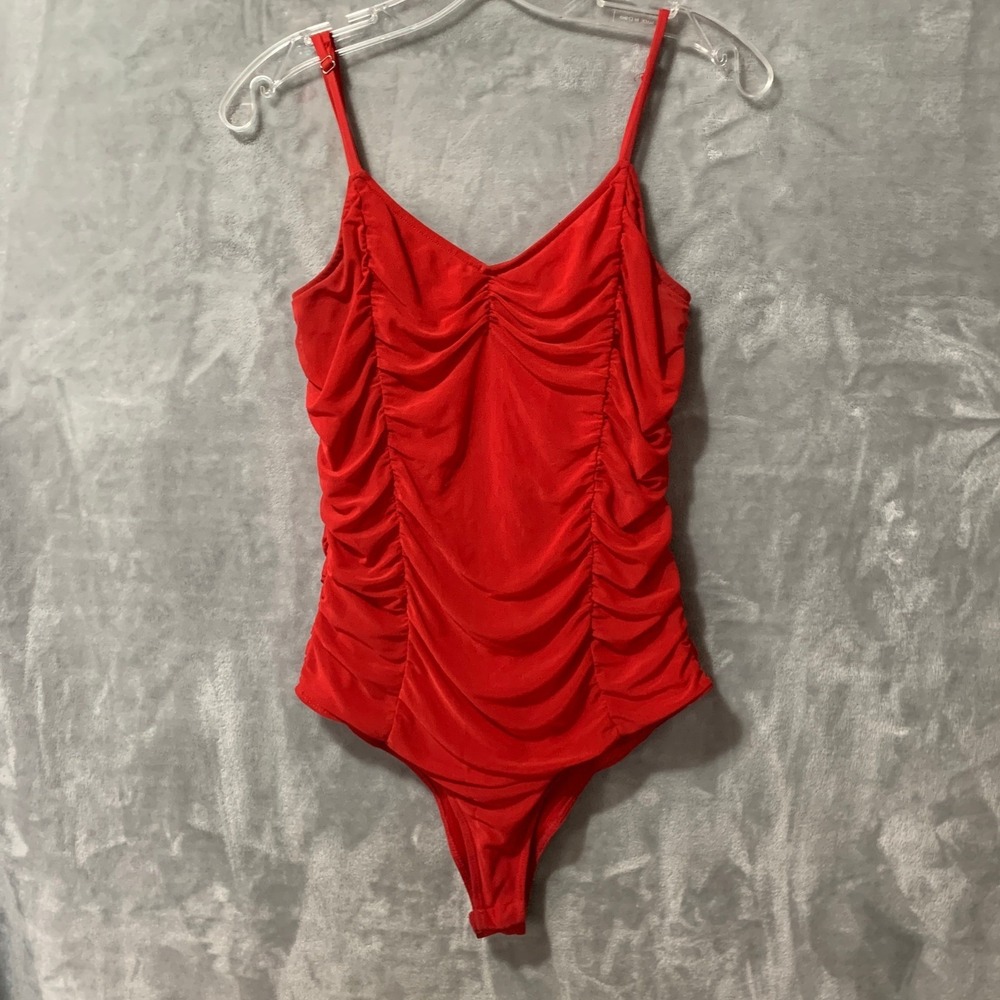 Free Press Red Ruched Mesh Bodysuit Medium Sleeveless V-Neck Adjustable Straps